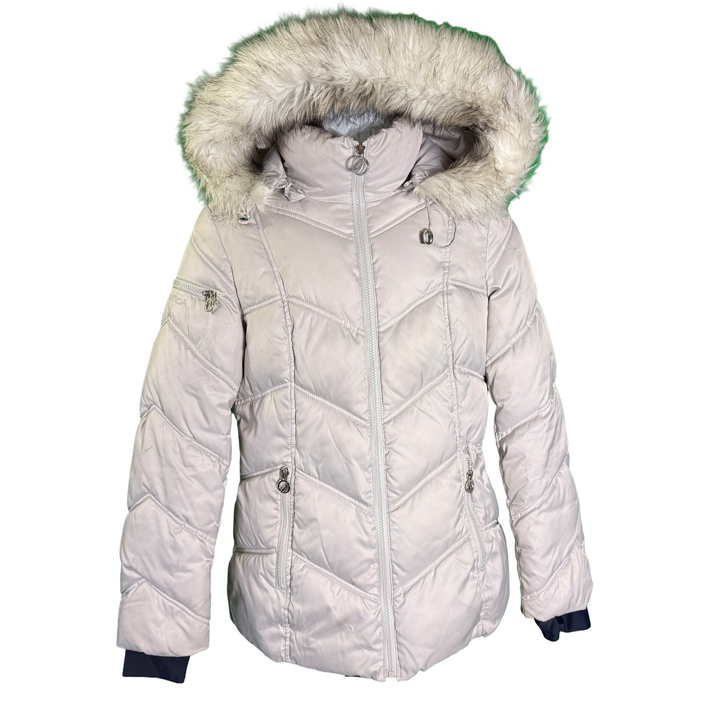 Nautica Puffer Jacket Womens M Light Tan Faux Fur Hood Quilted Zip Up Coat